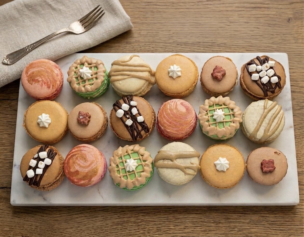 Assorted seasonal macarons with pie, cocoa, cream, and fall-inspired designs arranged on a marble tray.