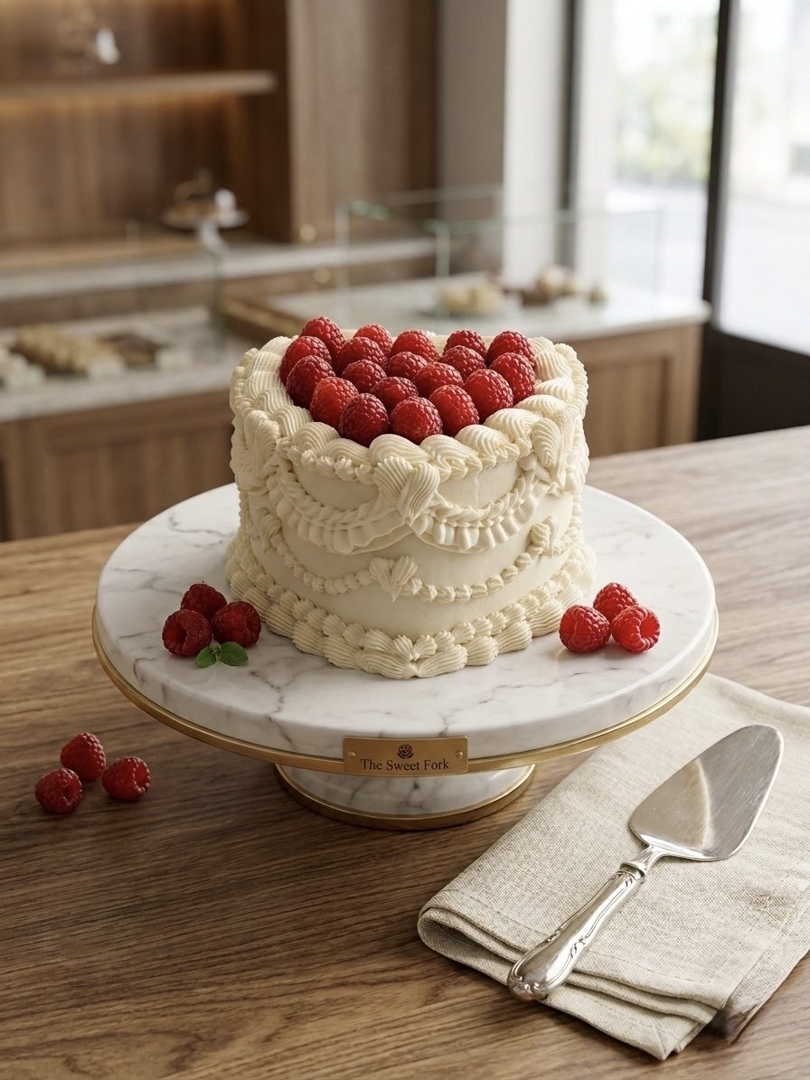 White buttercream cake topped with fresh raspberries and detailed vintage-style piping on a cake stand.