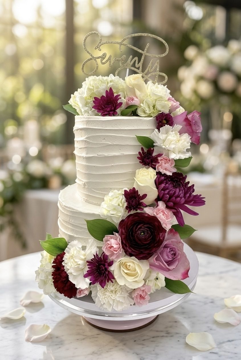 Two-tier white celebration cake with textured buttercream, fresh florals, and a glitter 'Seventy' topper.