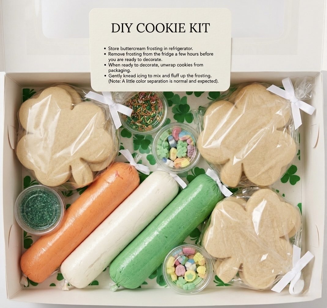St. Patrick's Day DIY cookie decorating kit with shamrock cookies, frosting bags, sprinkles, and decorating instructions.