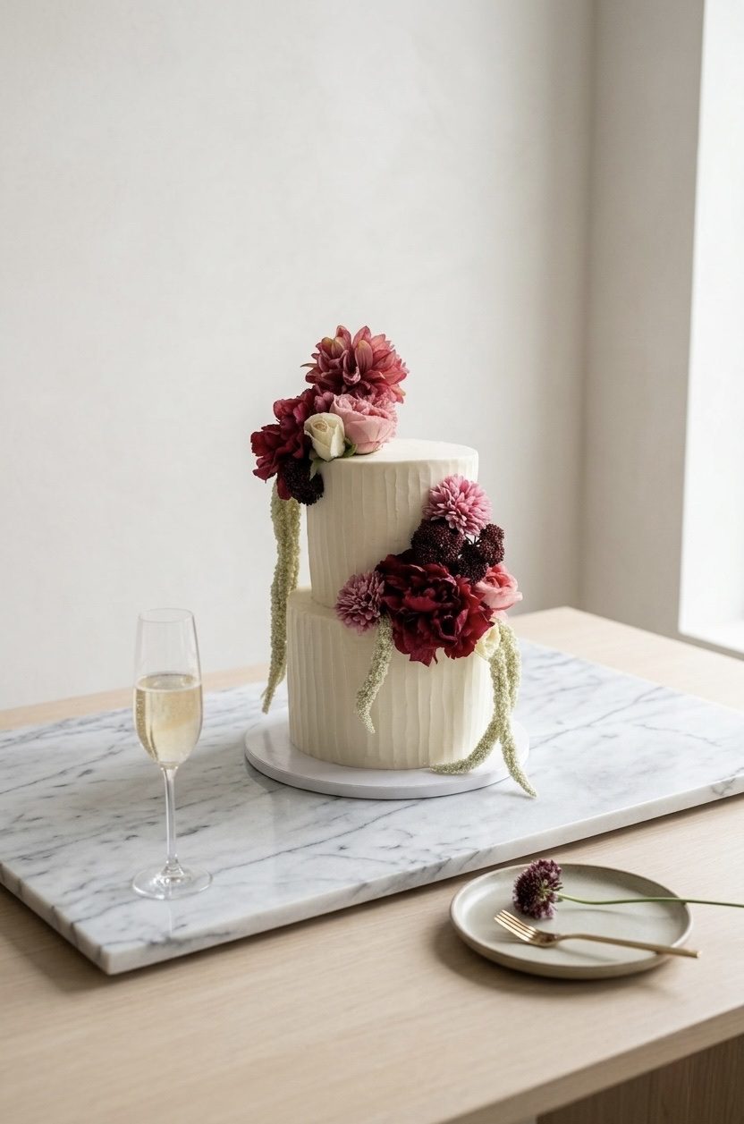 Two-tier white wedding cake with burgundy and blush florals displayed on a marble board with a champagne glass.