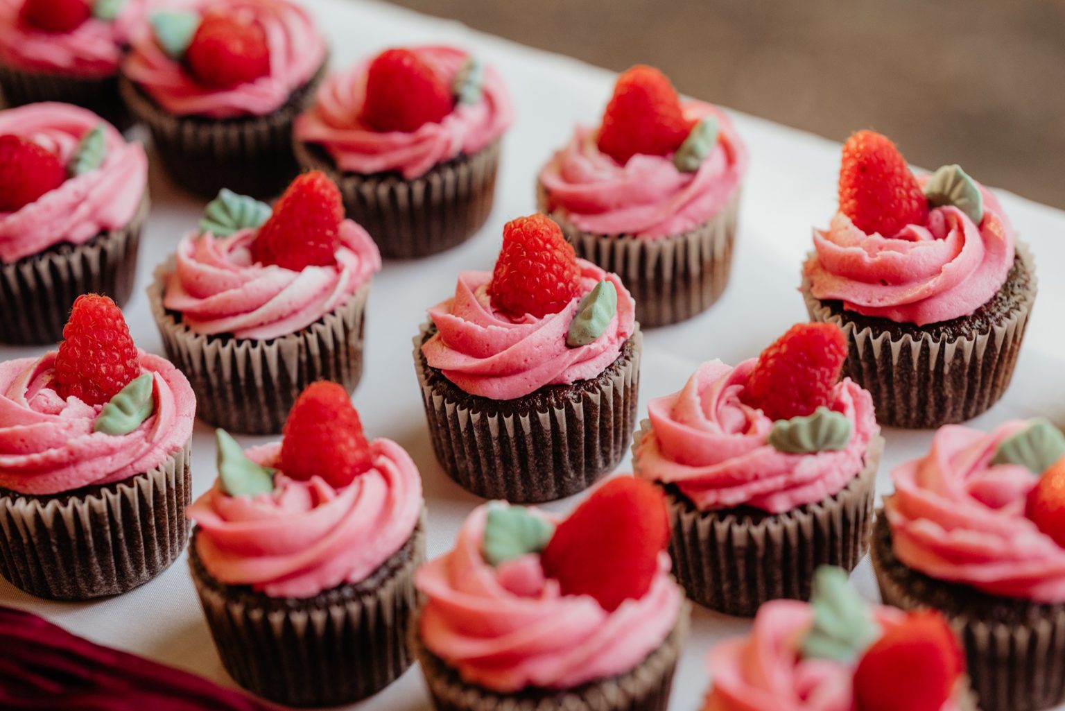 Chocolate cupcakes topped with pink raspberry buttercream, fresh raspberries, and small green leaf accents.